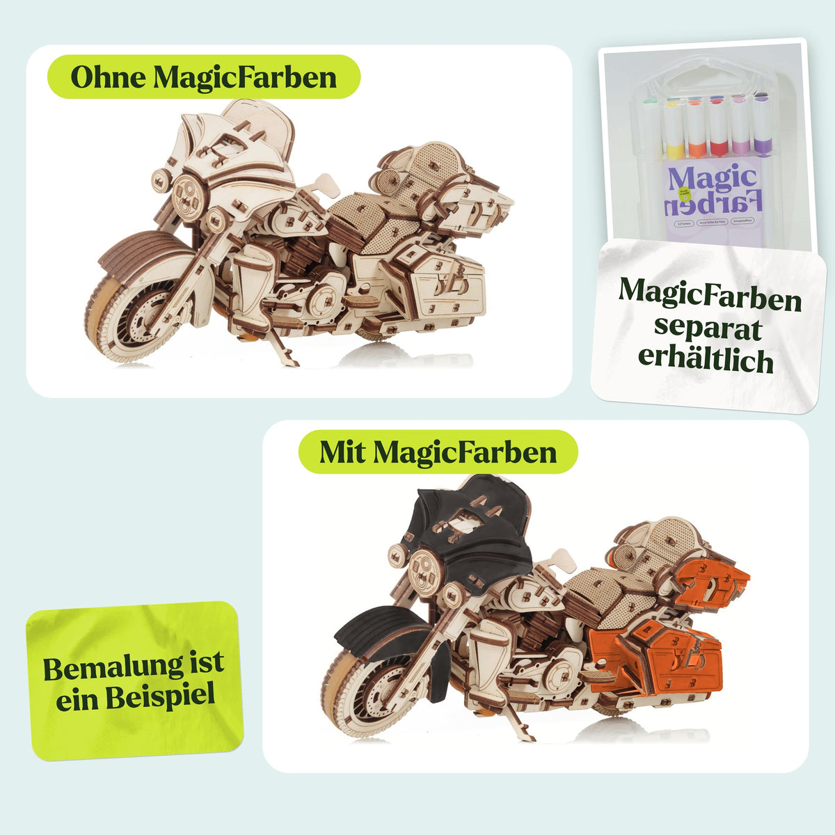 Wooden Motorcycle Kit, natural finish, painted with MagicPaints as an example (MagicPaints sold separately)
