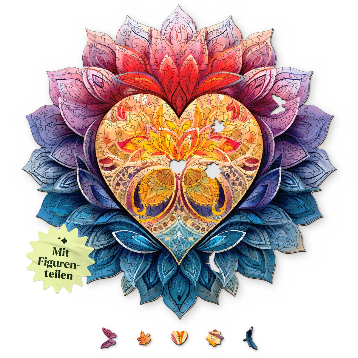 Puzzle en bois « Mandala au cœur fleuri », motif vu d'en haut sur fond blanc, avec en dessous des éléments tels qu'un papillon, un cœur et un oiseau