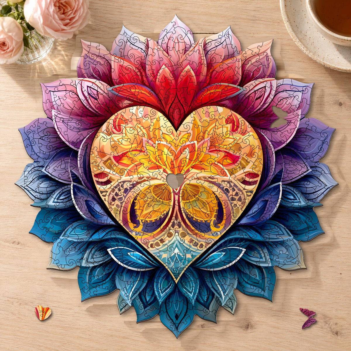 Houten puzzel ‘Bloeiend hart-mandala’, bijna af op een lichte houten tafel, met daarvoor een hart en een vlinder als puzzelstukjes