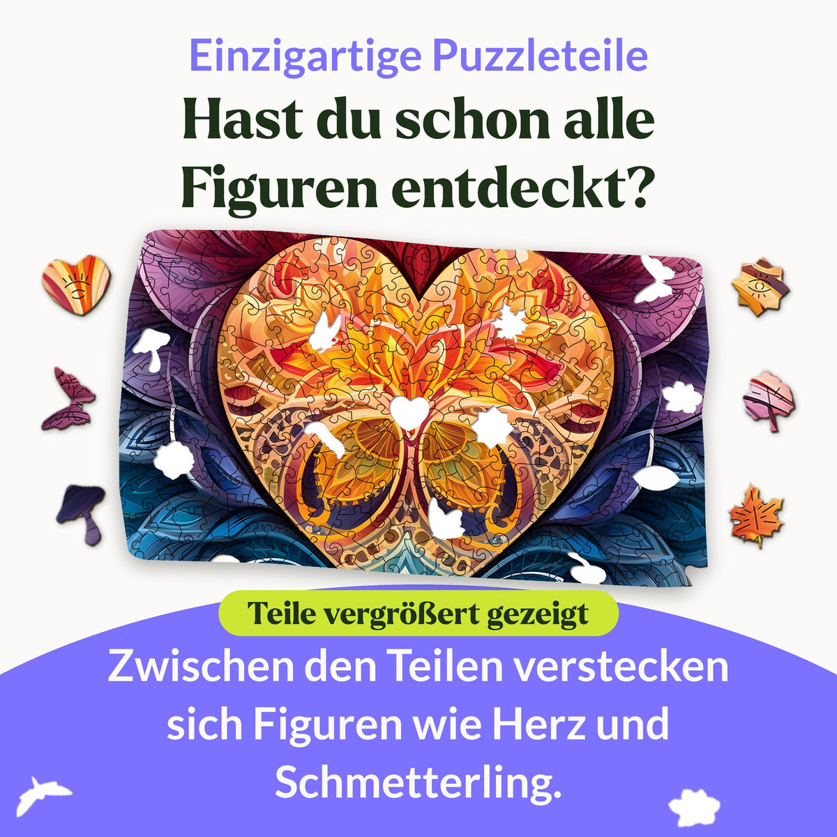 Blühendes Herz Mandala Holzpuzzle, Motiv mit Figurenteilen wie Herz, Schmetterling, Pilz, Stern und Ahornblatt