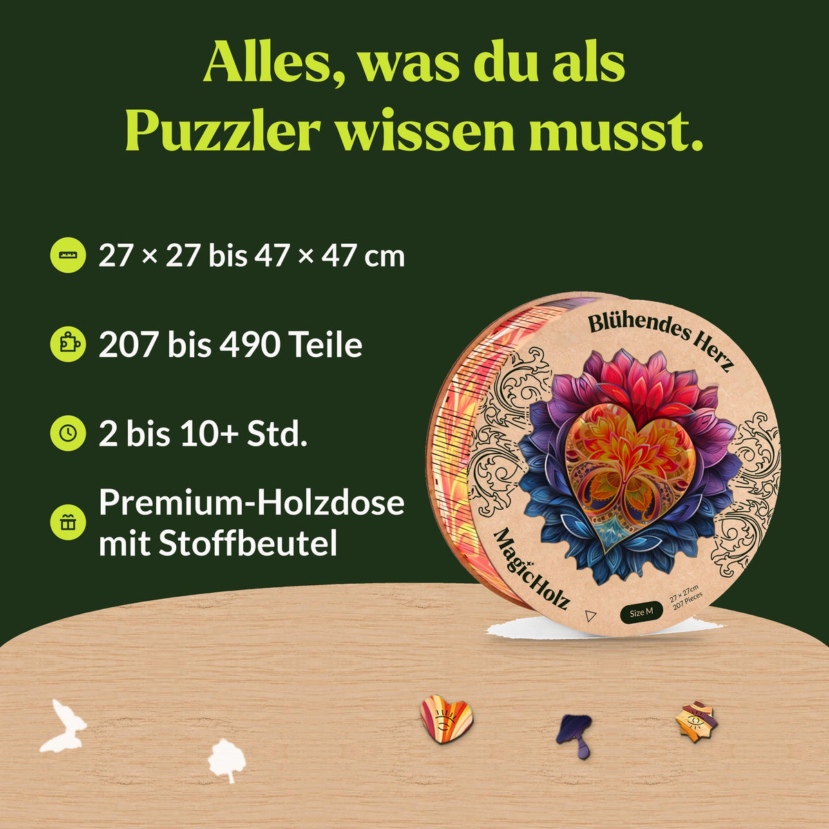 Blühendes Herz Mandala Holzpuzzle, 27 x 27 bis 47 x 47 cm, 207 bis 490 Teile, runde Premium-Holzdose mit Stoffbeutel