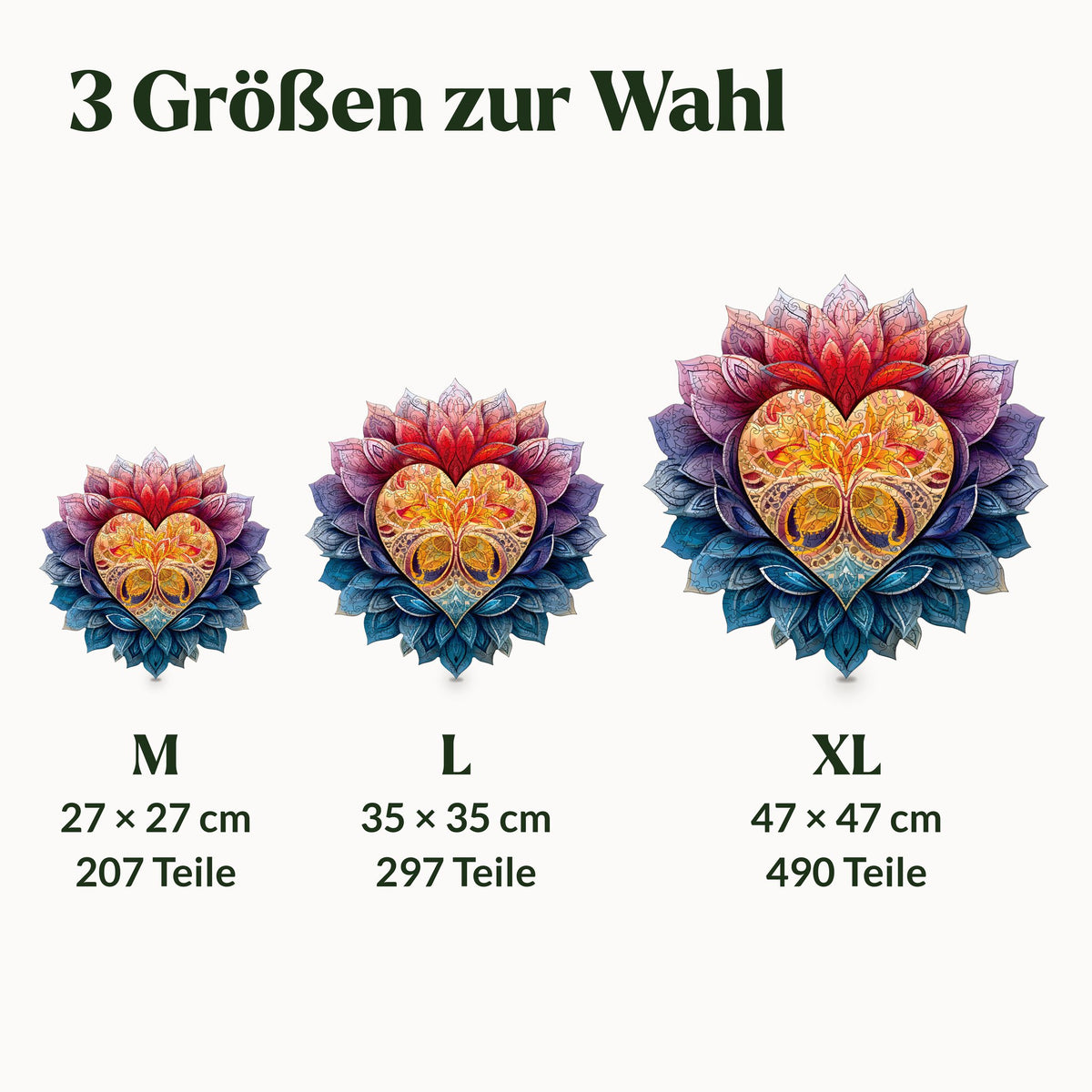 Blühendes Herz Mandala Holzpuzzle, drei Größen maßstäblich: M 27 x 27 cm, L 35 x 35 cm und XL 47 x 47 cm mit Teilezahl