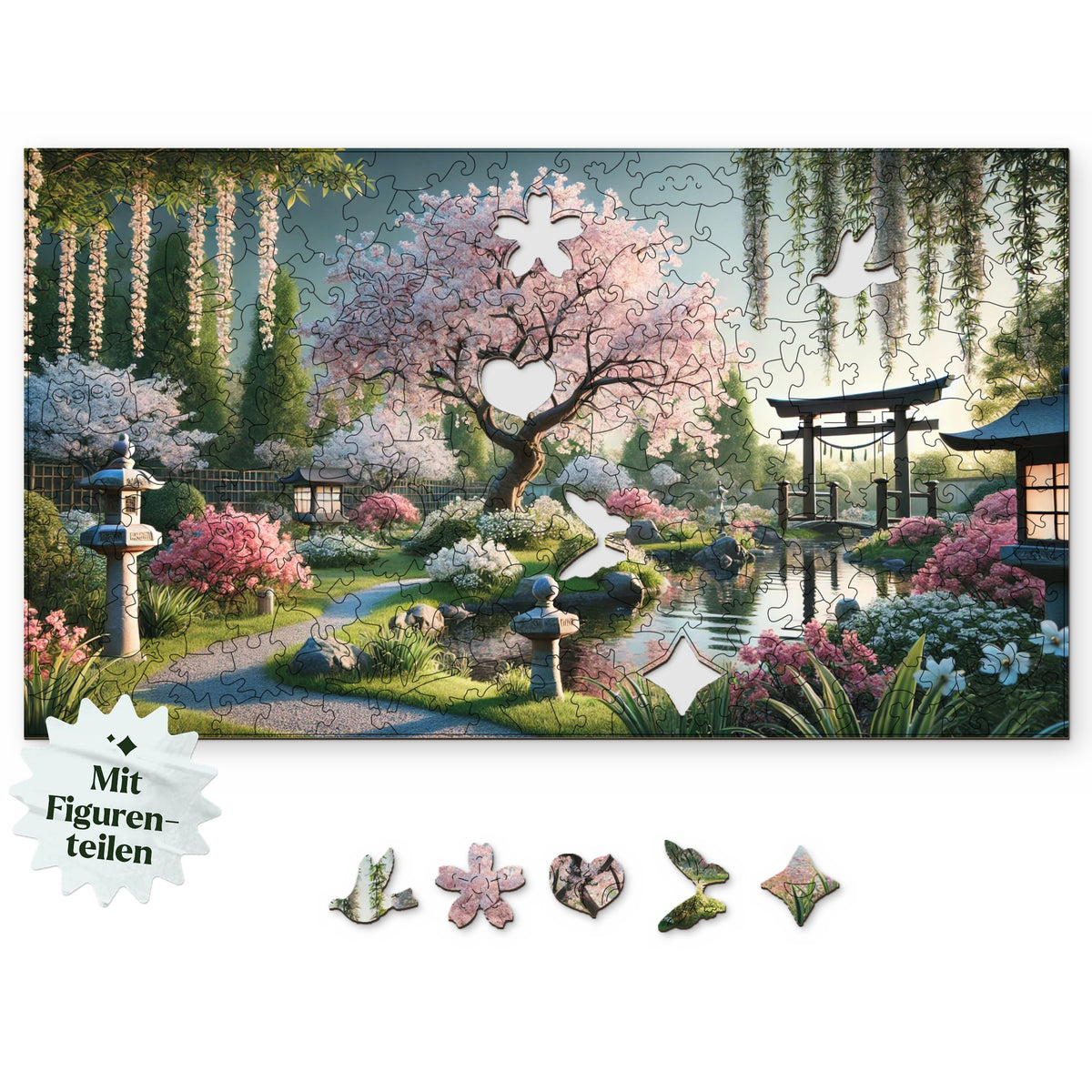 "Blooming Zen Garden" Wooden Puzzle, with a top view design on a white background, featuring figure pieces such as a bird, cherry blossoms, and a heart