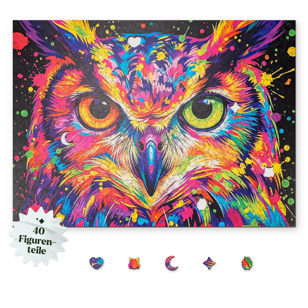 Puzzle en bois « Chouette colorée », motif vu d'en haut sur fond blanc, avec en dessous des éléments de personnages comme un cœur, une chouette et un croissant de lune