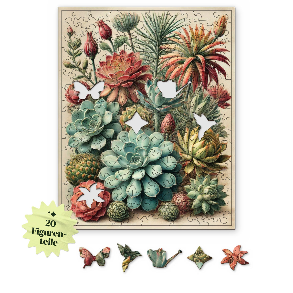 Puzzle en bois « Succulentes colorées », motif vu d'en haut sur fond blanc, avec en dessous des éléments de figurines comme un papillon, un colibri et un arrosoir