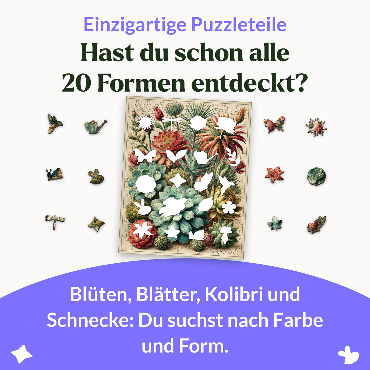 Bunte Sukkulenten Holzpuzzle, 20 Figurenteile wie Kolibri, Schnecke, Biene, Libelle, Schmetterling und Gießkanne