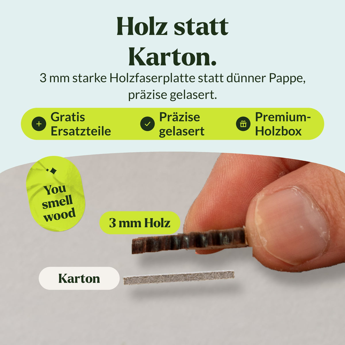 Bunte Sukkulenten Holzpuzzle, Holz statt Karton: 3 mm gelasertes Holzteil im Profil, darunter getrennt ein dünnes Pappteil