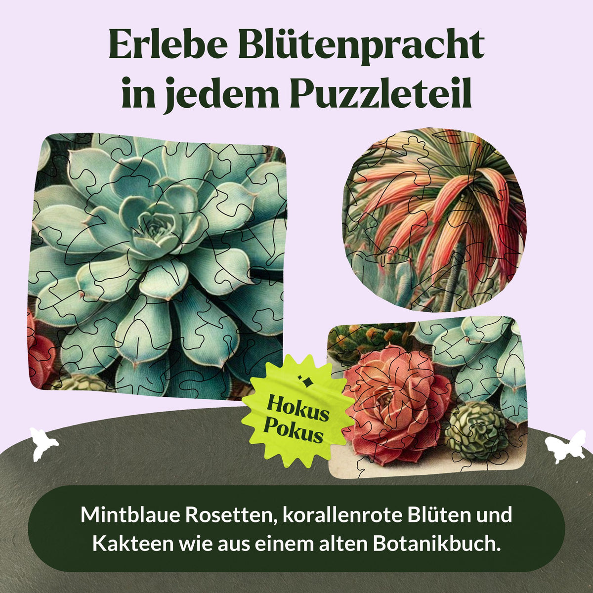 Bunte Sukkulenten Holzpuzzle, Motivdetails mit mintblauer Rosette, roter Stachelpflanze und Korallenrose