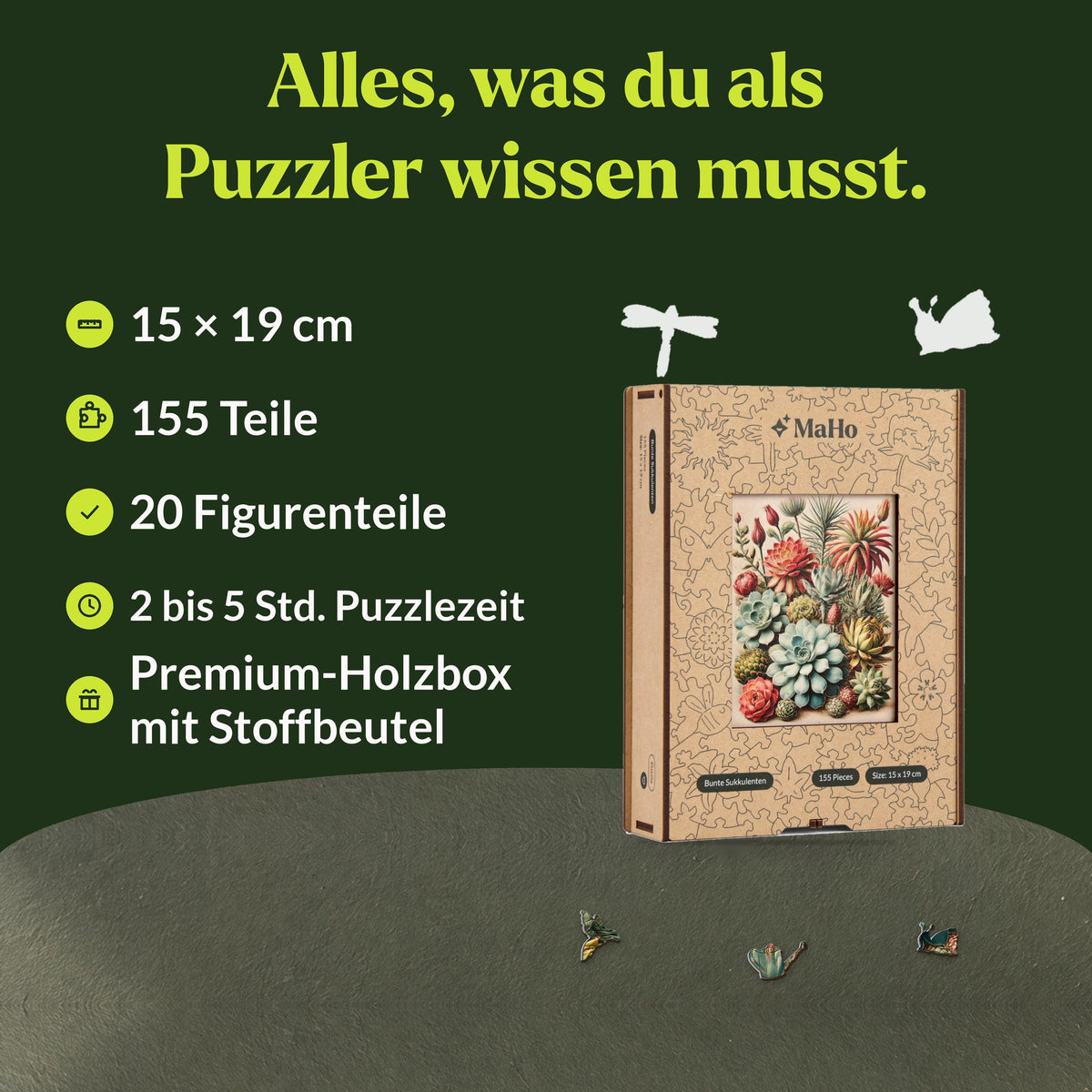 Bunte Sukkulenten Holzpuzzle, 15 x 19 cm, 155 Teile, 20 Figurenteile, 2 bis 5 Stunden, Premium-Holzbox mit Stoffbeutel