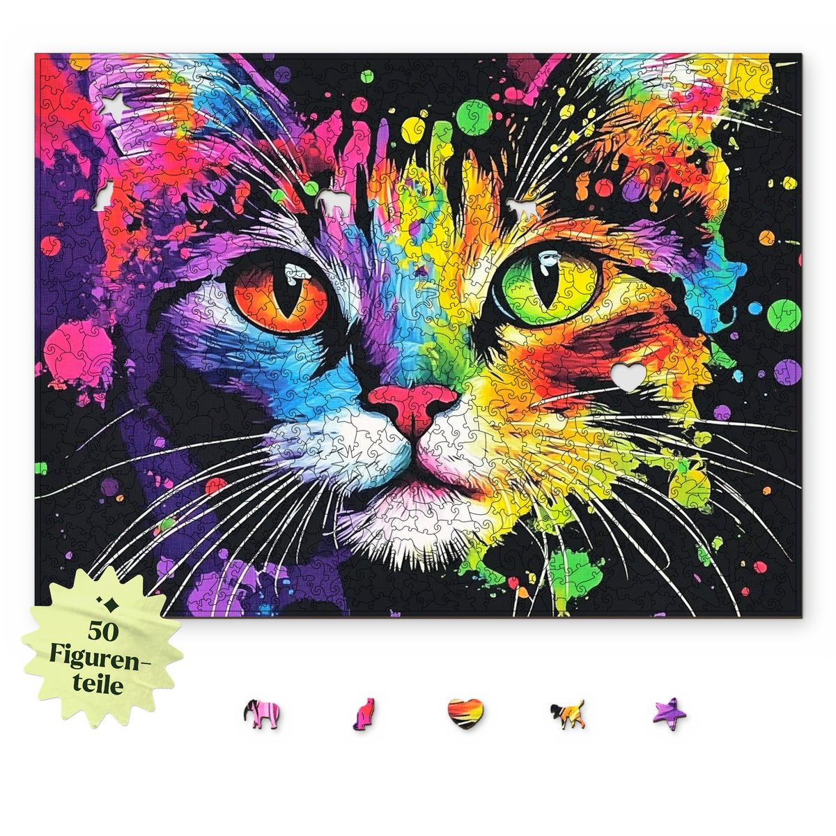 Puzzle en bois « Chat coloré », motif vu d'en haut sur fond blanc, avec en dessous des éléments de personnages comme un éléphant, un chat et un cœur