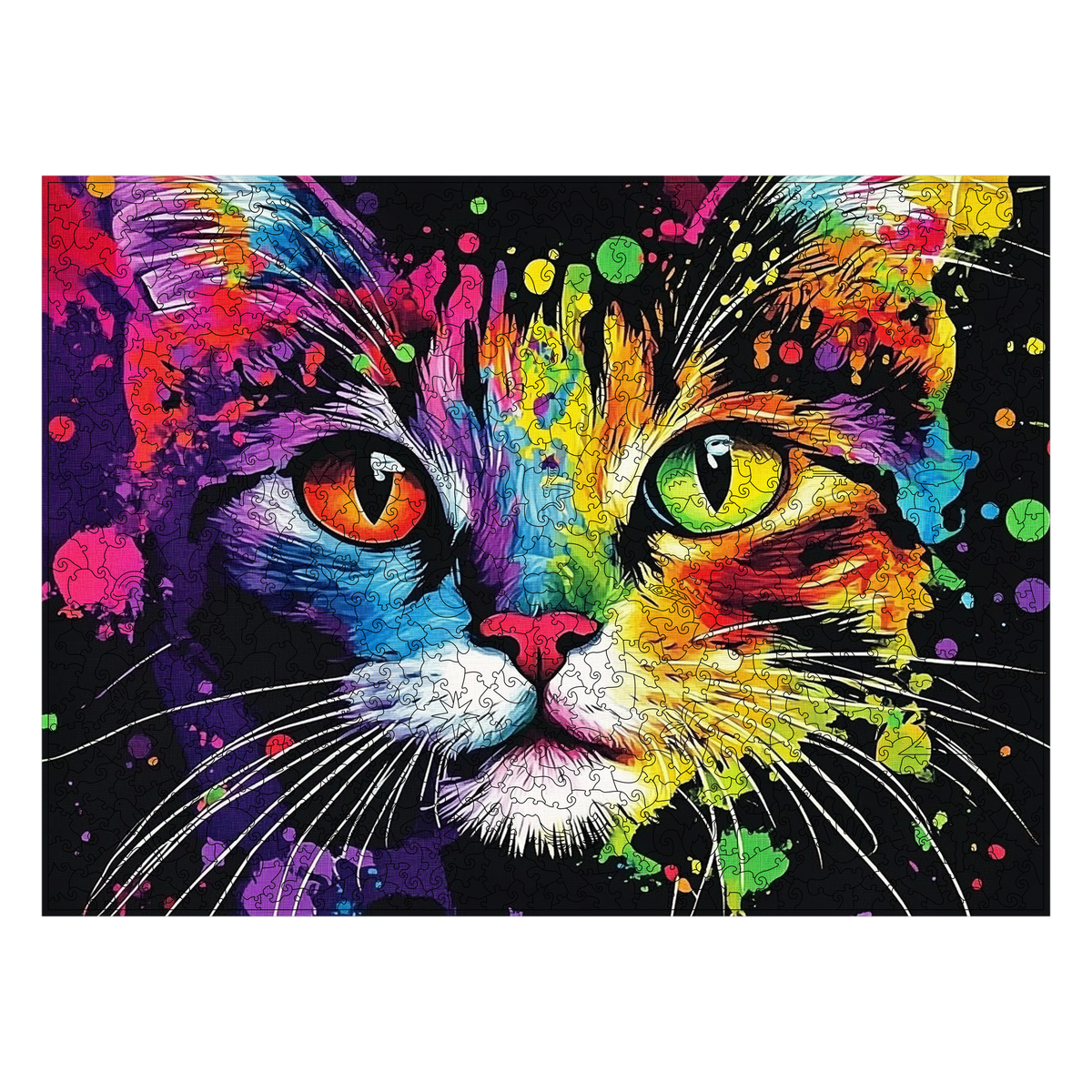 Puzzle en bois « Chat coloré », puzzle assemblé, en gros plan sur fond blanc