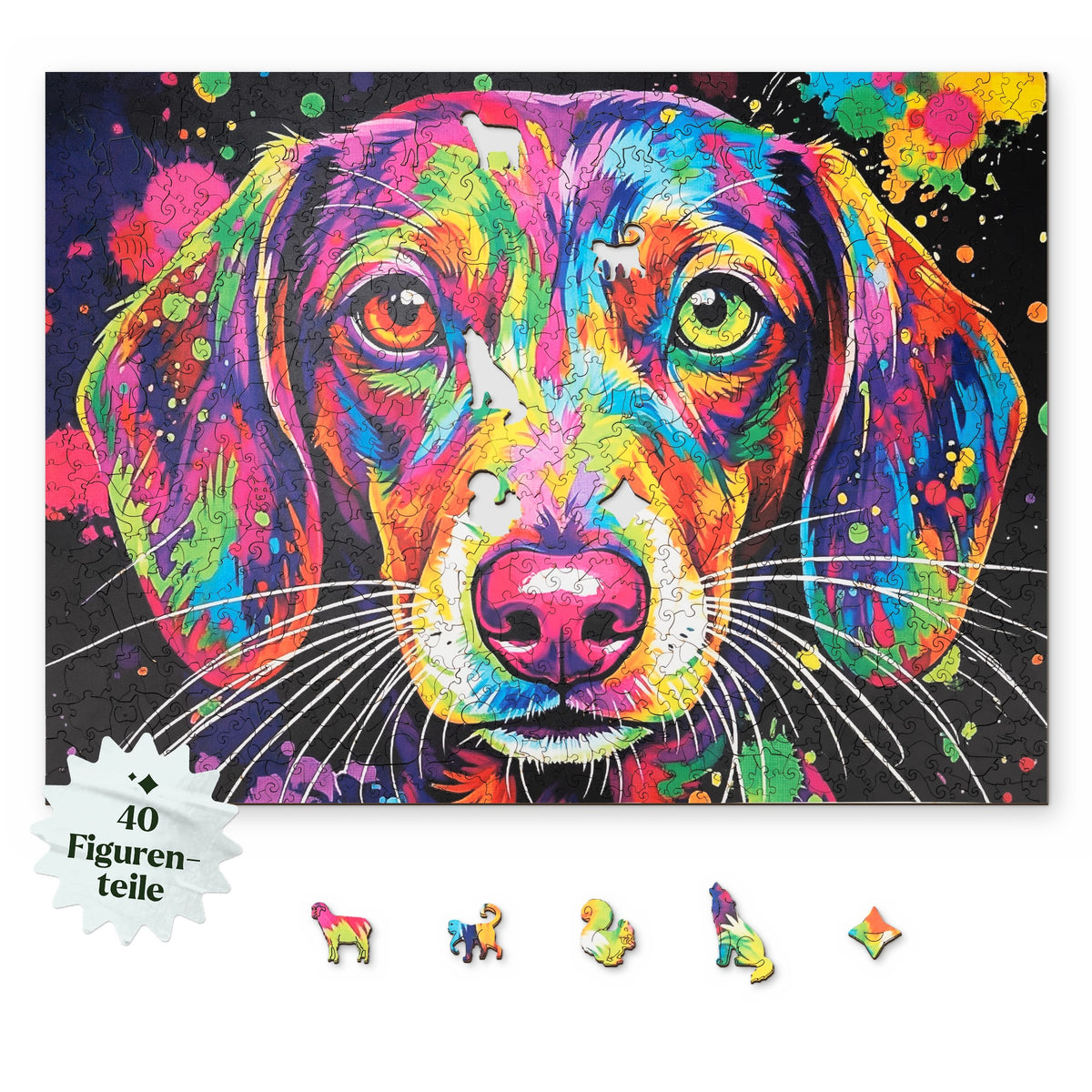 Colorful Dachshund Wooden Puzzle, with a design shown from above on a white background, and figure pieces such as a sheep, a monkey, and a squirrel below