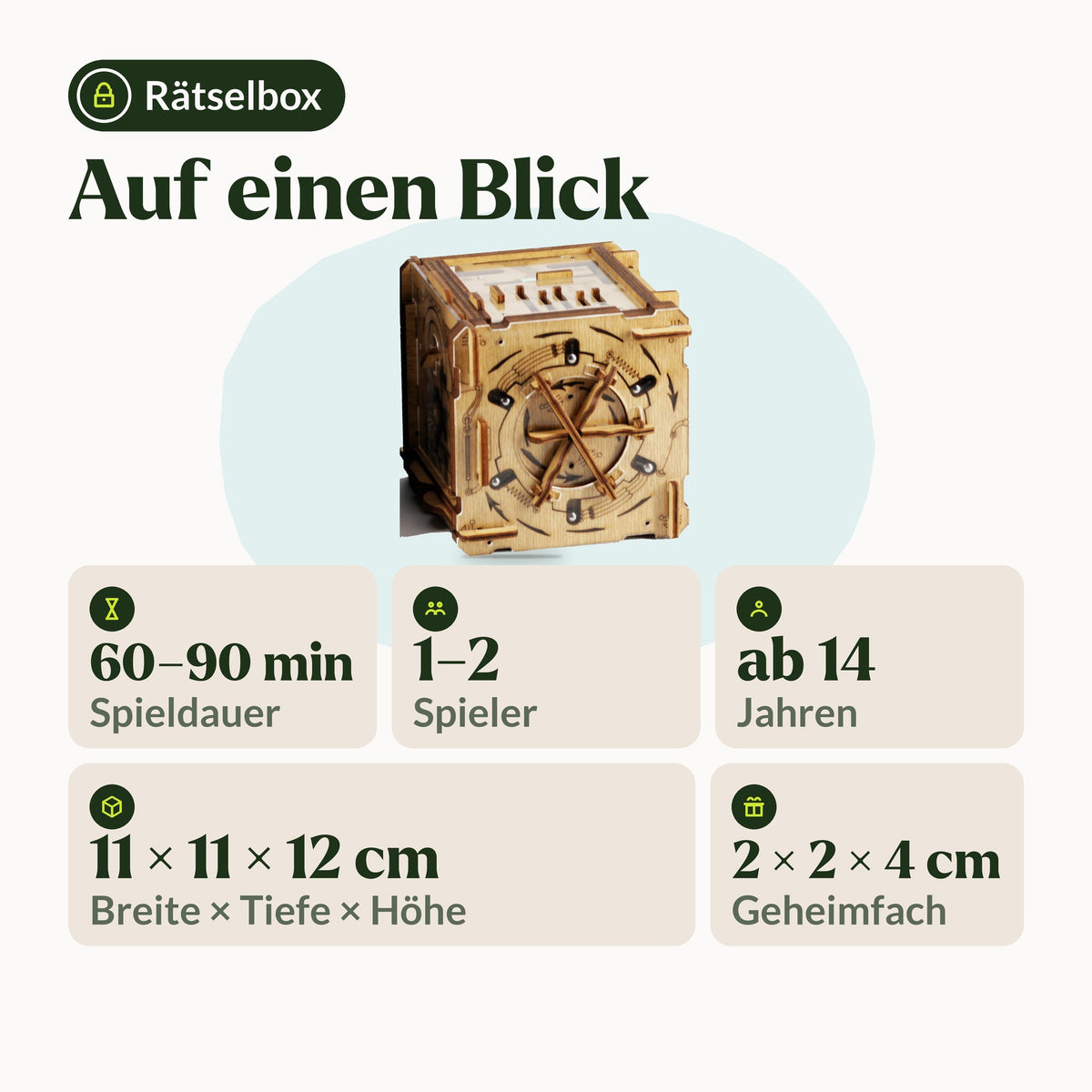 Cluebox Cambridge Labyrinth Rätselbox, auf einen Blick: 60–90 min, 1–2 Spieler, ab 14 Jahren, 11 × 11 × 12 cm, Geheimfach