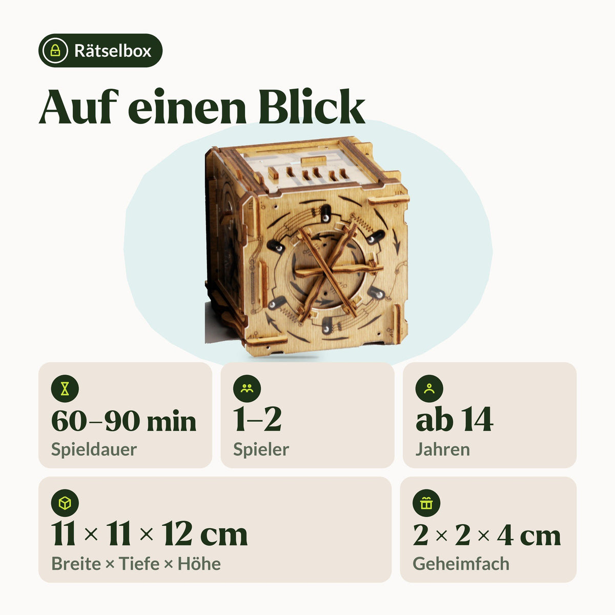 Cluebox Cambridge Labyrinth-puzzelbox, in één oogopslag: 60–90 min, 1–2 spelers, vanaf 14 jaar, 11 × 11 × 12 cm, geheim vakje