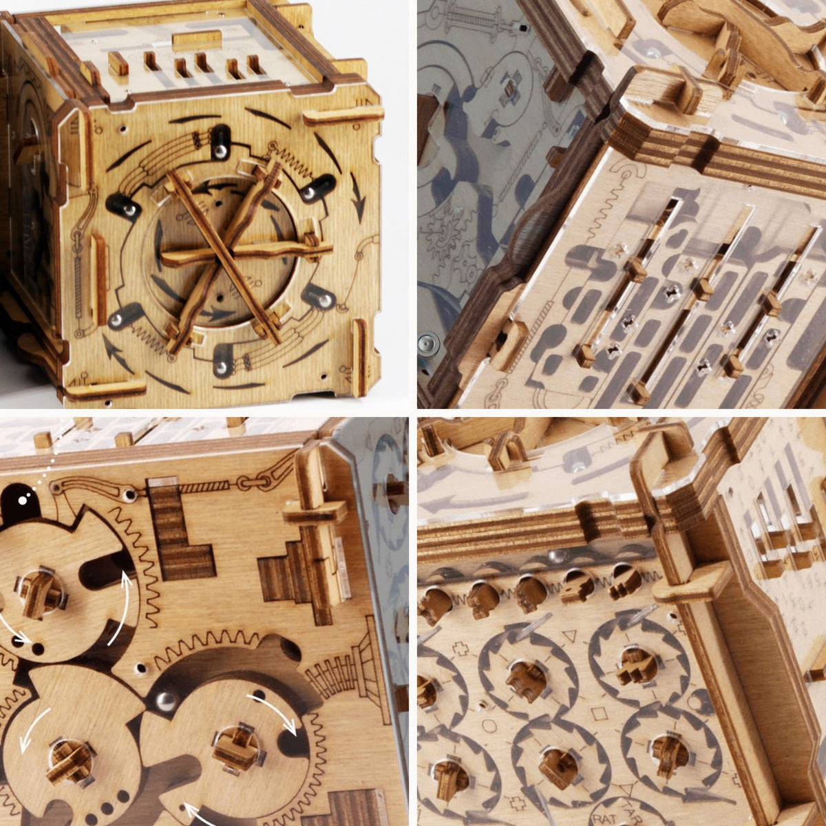 Cluebox Cambridge Labyrint-puzzelbox, details van de pagina’s met sterwiel, labyrint, tandwielen en draaischijven