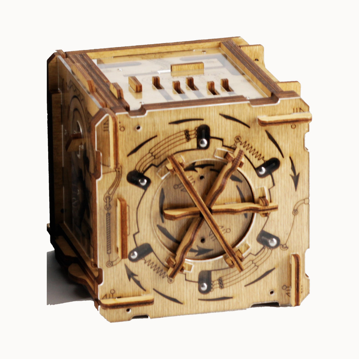 Cluebox Cambridge Labyrinth-puzzelbox, uitgesneden houten doos met sterrenwiel op een lichte achtergrond