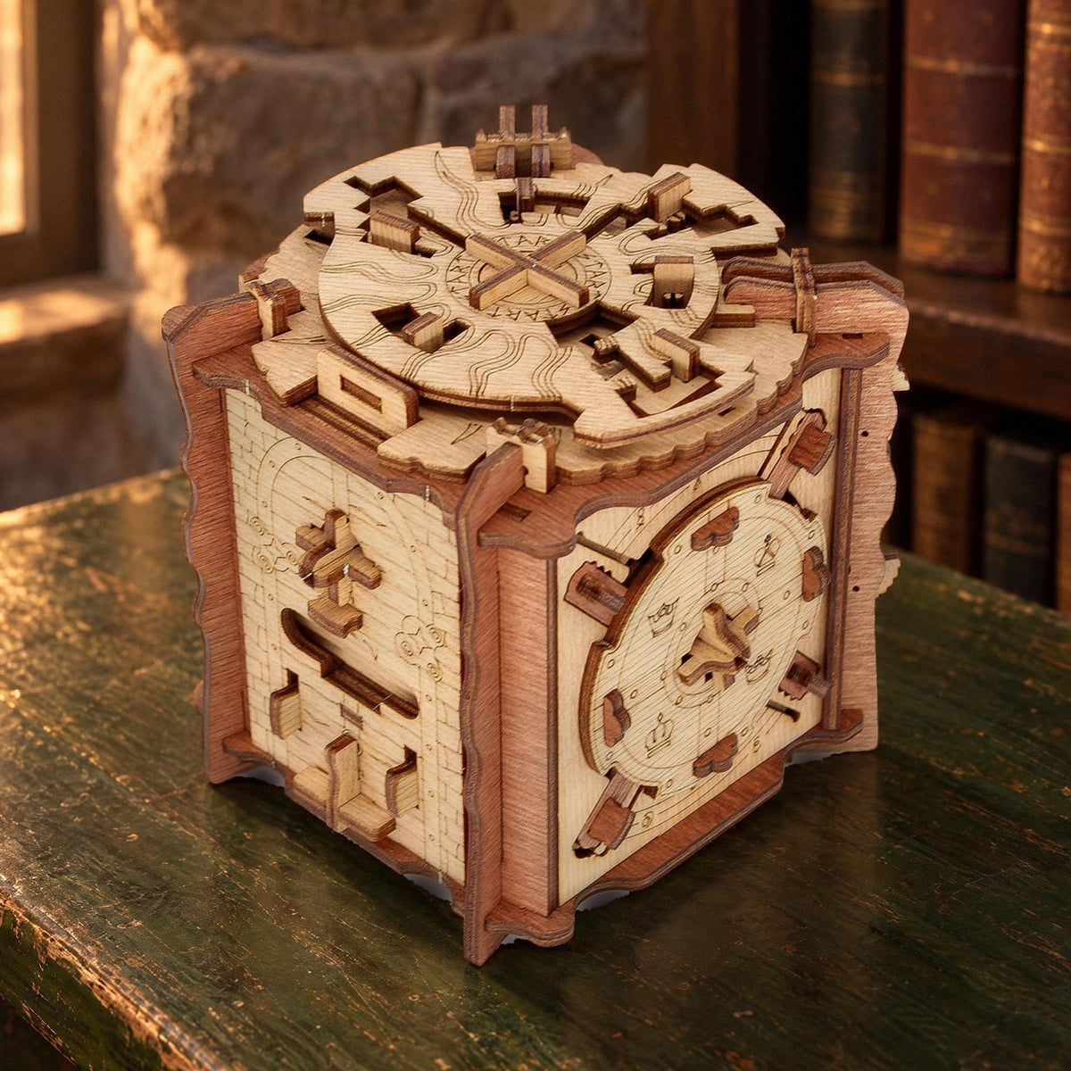 Cluebox: The Trial of Camelot Riddle Box, placed on a dark green table in front of a stone wall lined with books