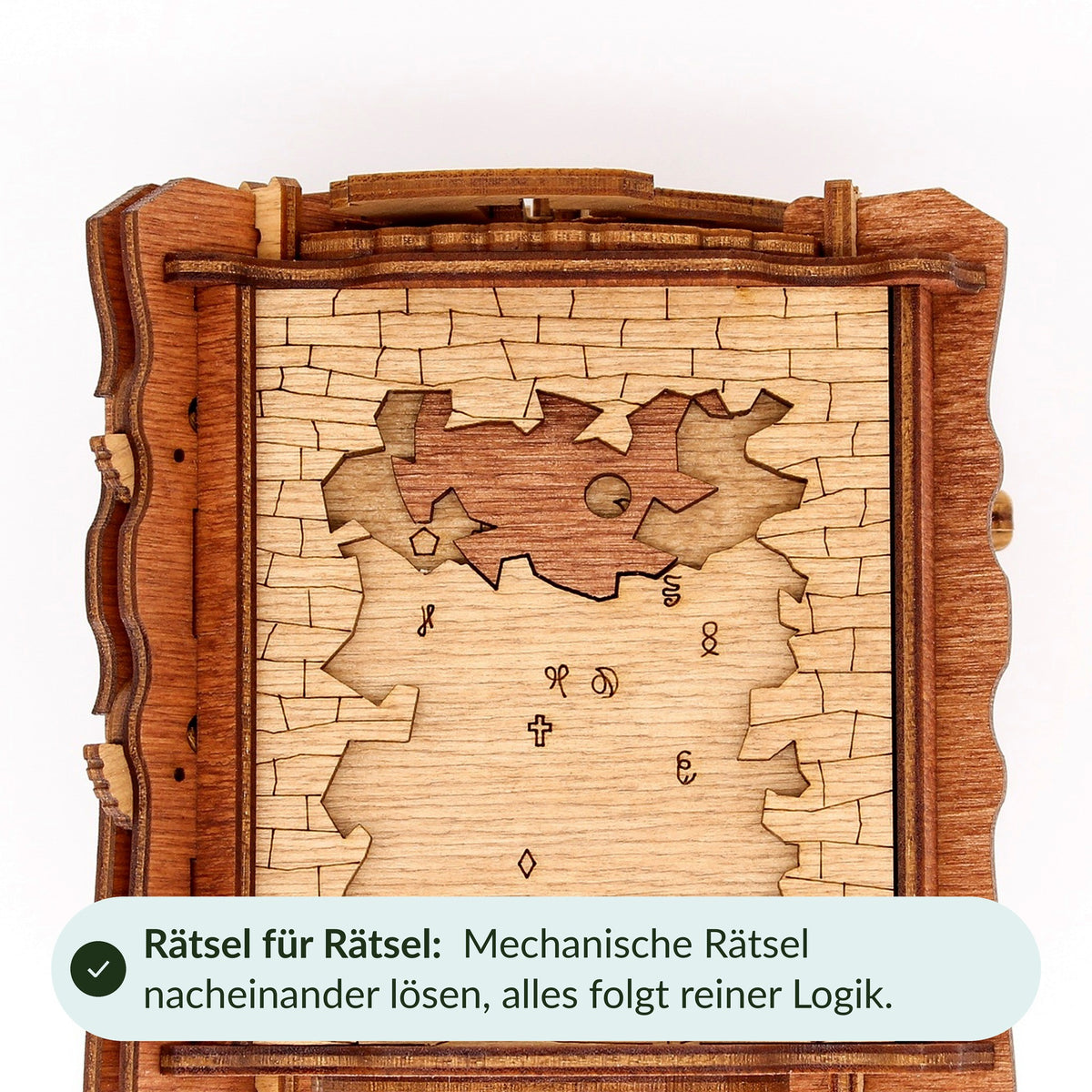Cluebox The Trial of Camelot – pagina met motief van de kasteelmuren: los de mechanische puzzels een voor een op, zonder oplossing