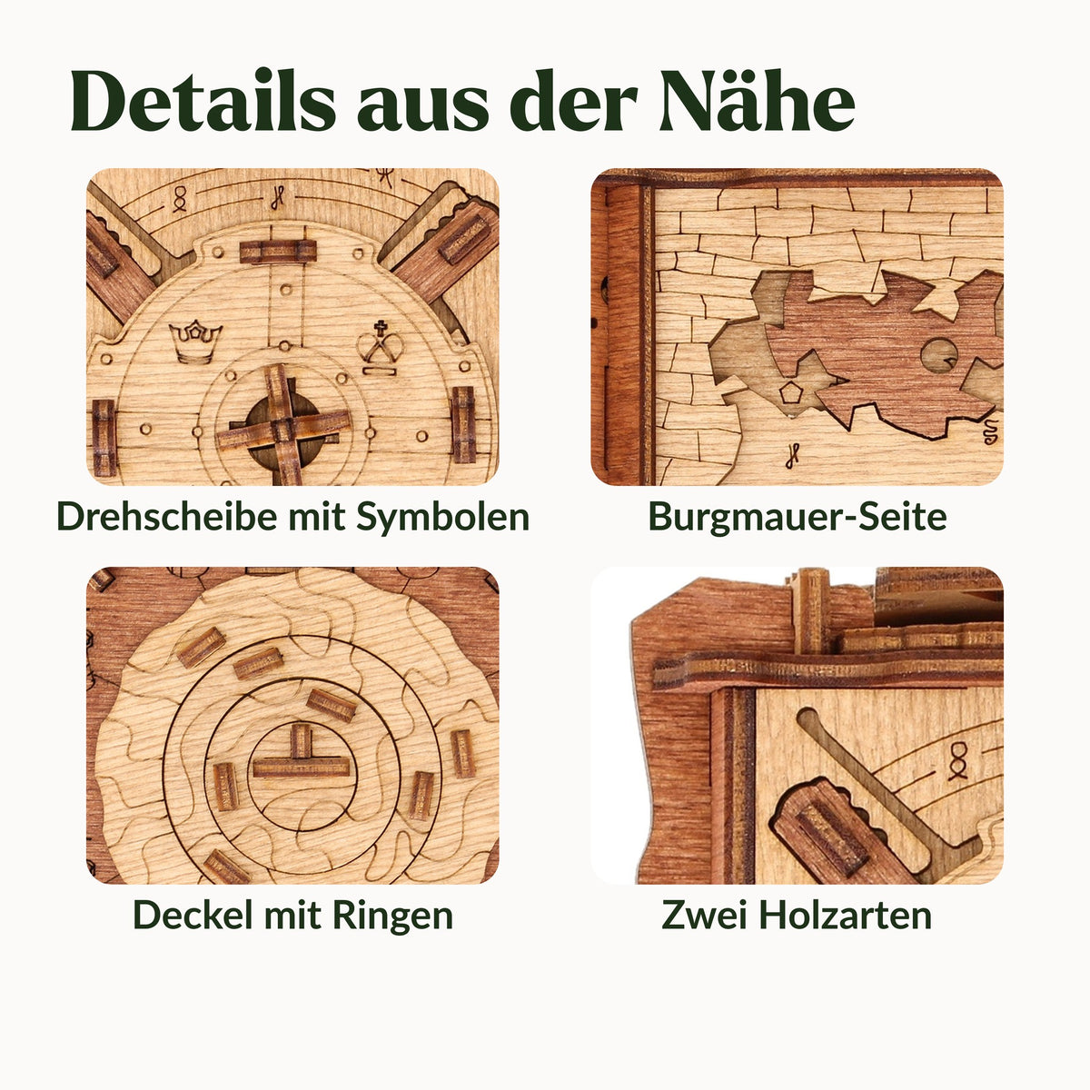 Cluebox The Trial of Camelot in detail: draaischijf met symbolen, kasteelmuur, deksel met ringen, twee soorten hout