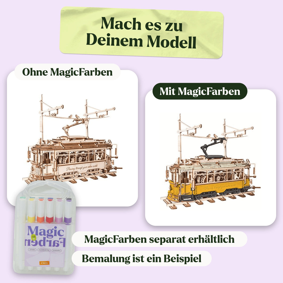 Classic City Tramcar-bouwpakket van hout, in natuurlijke kleur en als voorbeeld beschilderd met Magic-verf (Magic-verf apart verkrijgbaar)