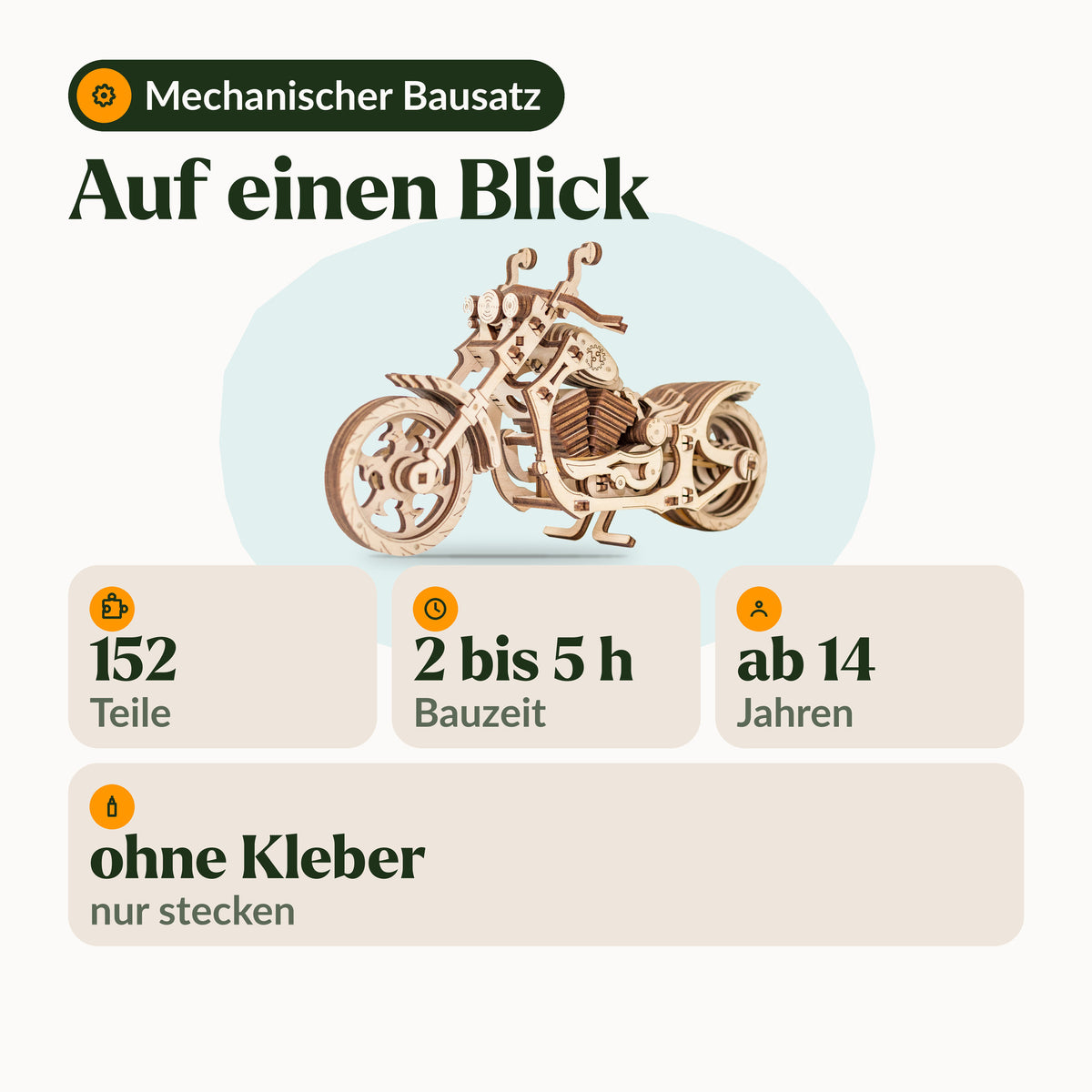 Cruiserfiets, kerncijfers: 152 onderdelen, 2 tot 5 uur bouwtijd, vanaf 14 jaar, zonder lijm, mechanische bouwset