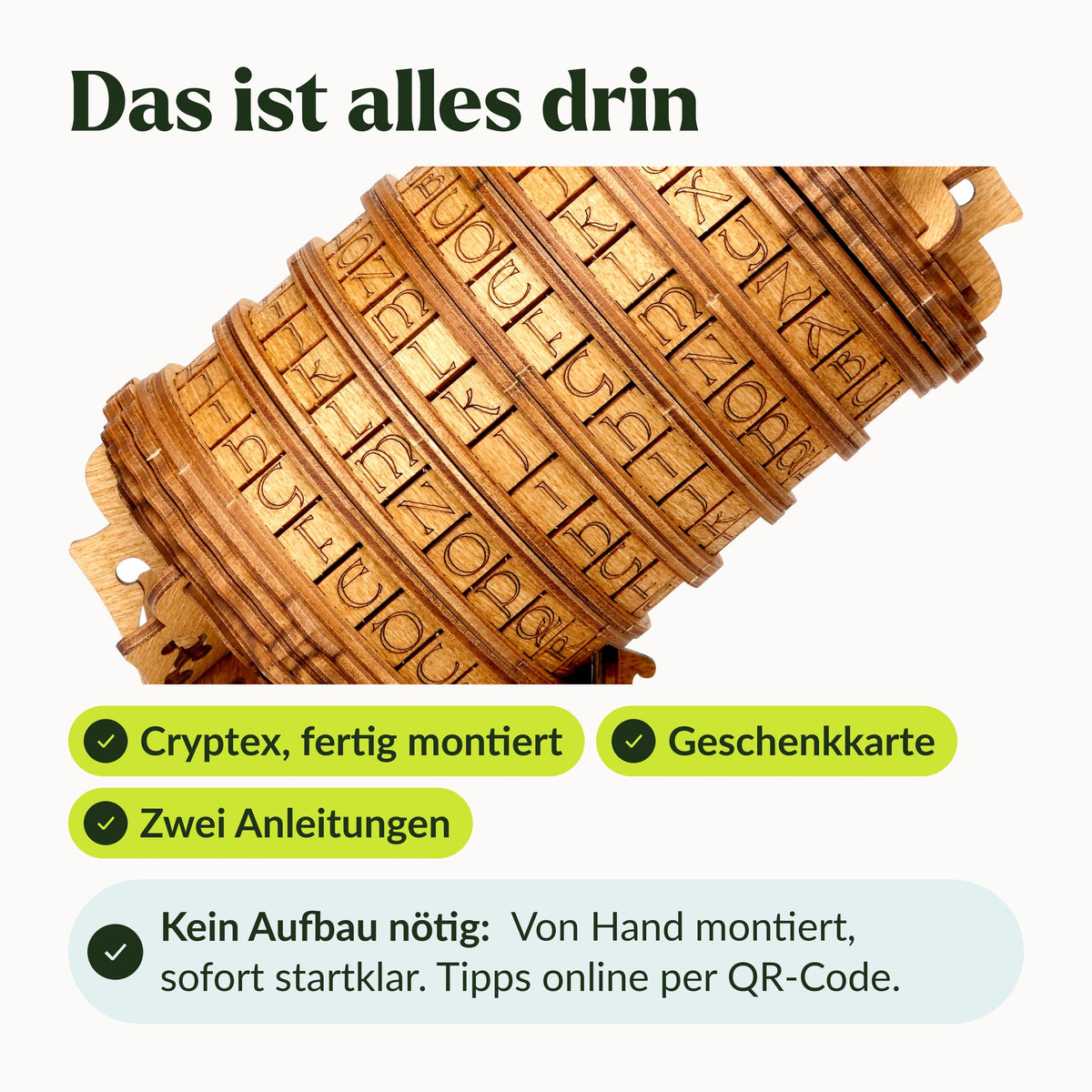 Cryptex Rätselbox Lieferumfang: fertig montierter Cryptex, Geschenkkarte und zwei Anleitungen