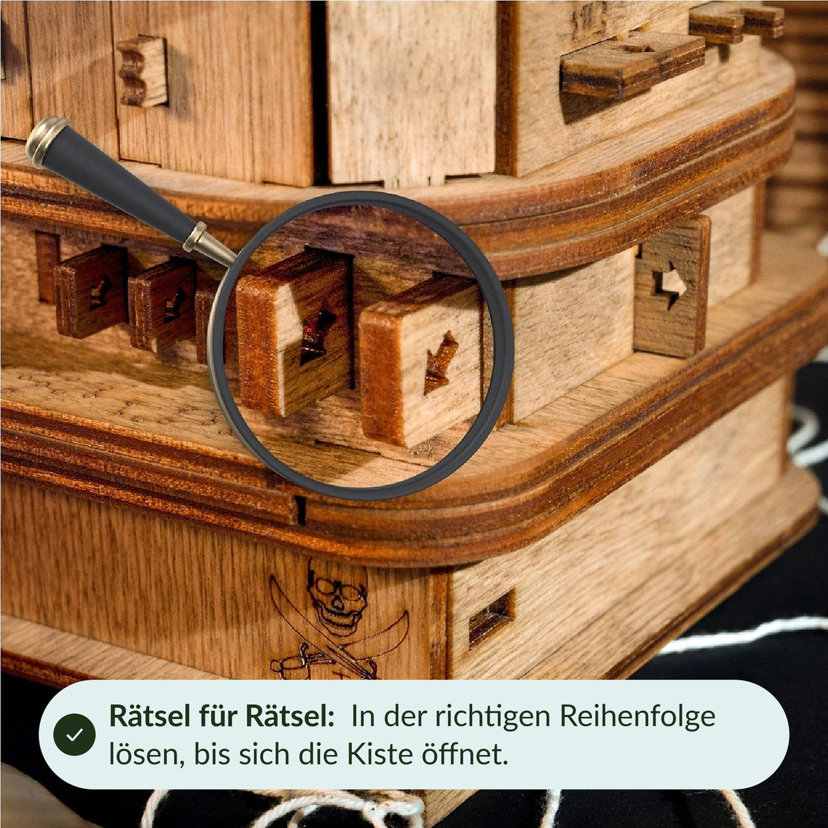 Cluebox Davy Jones with a magnifying glass on the side: Solve the puzzles in the correct order, without a solution
