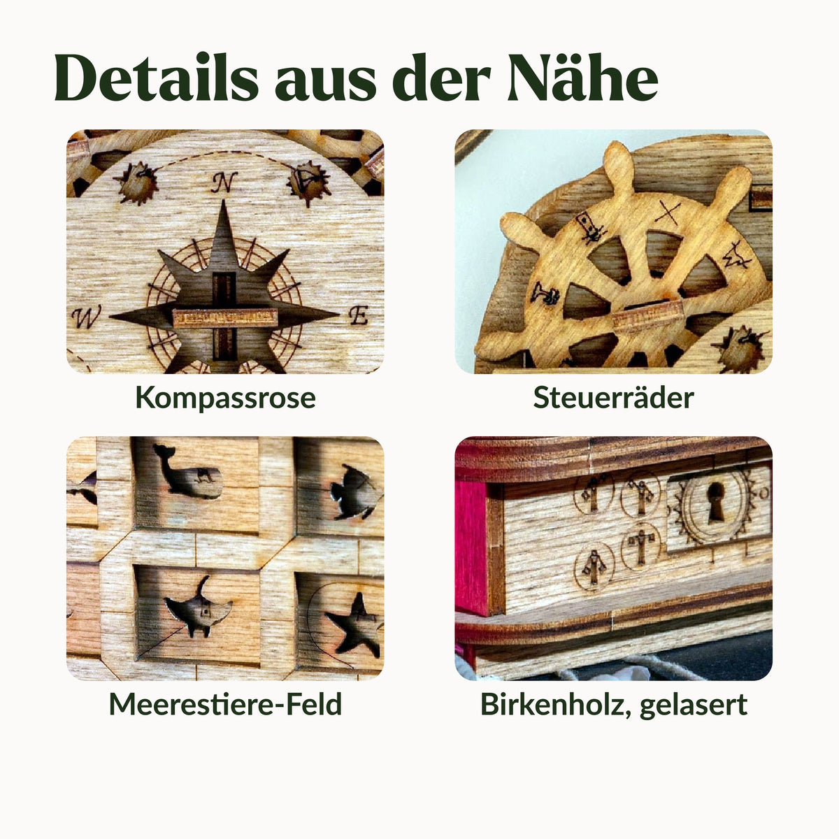Cluebox Davy Jones in Detail: Compass rose, steering wheels, panel with sea creatures, laser-cut birch wood