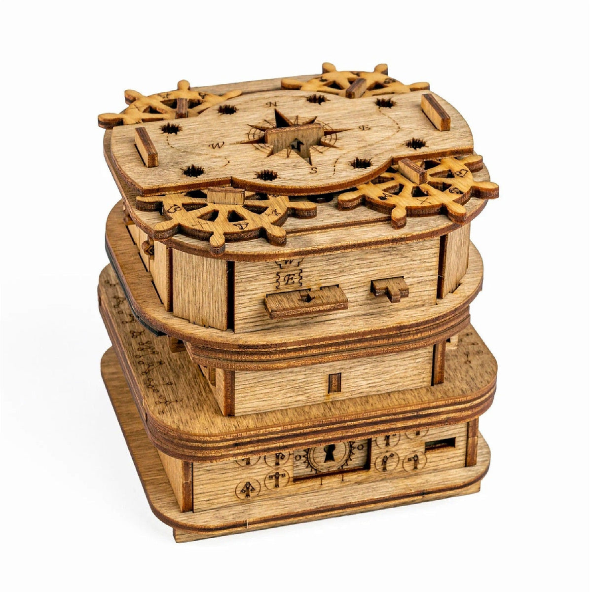 Cluebox Davy Jones, White: Riddle Box Made of birch wood with steering wheels and drawers