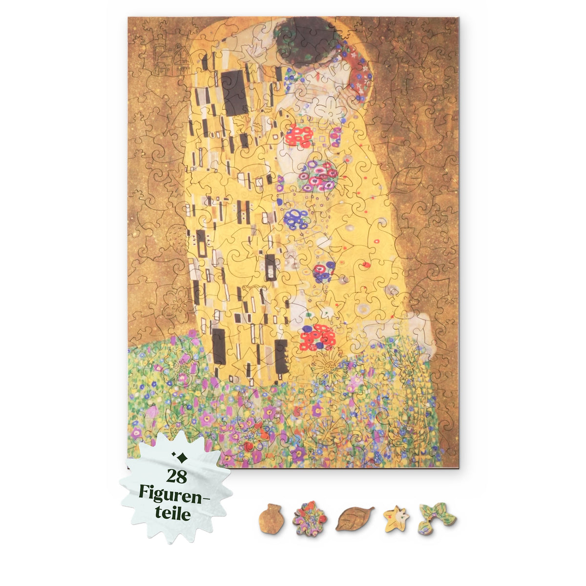 Le puzzle en bois « Le baiser », motif vu d'en haut sur fond blanc, avec en dessous des éléments comme un vase, une fleur et une feuille