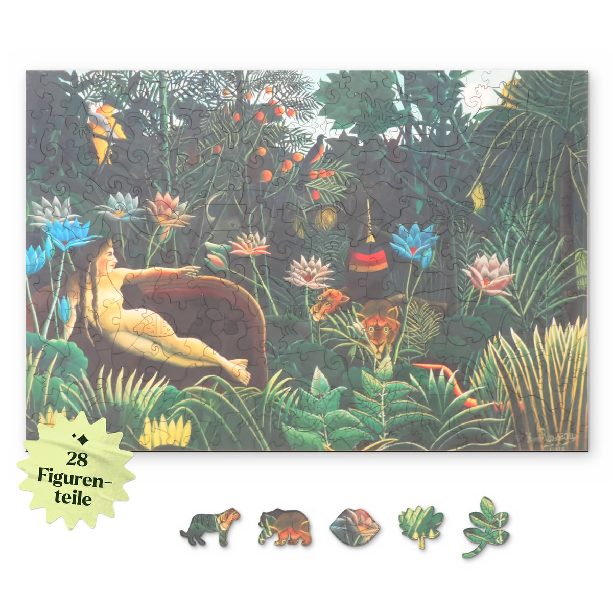 Le puzzle en bois « Le rêve », avec un motif vu d'en haut sur fond blanc, et en dessous des pièces représentant des personnages comme un tigre, un ours et des lèvres