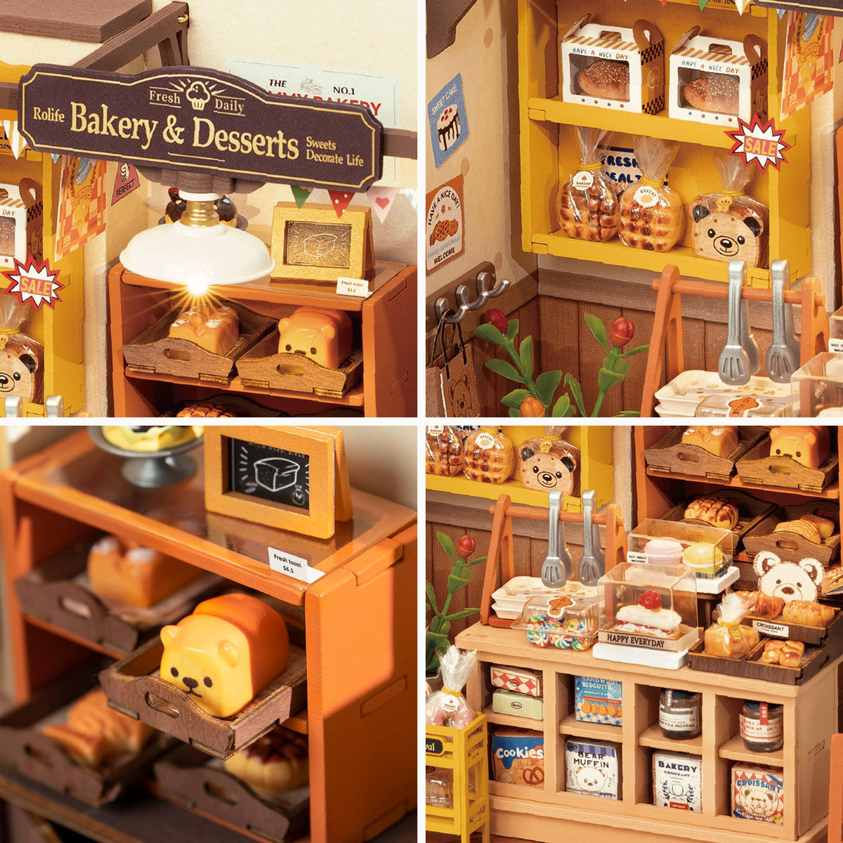 Becka’s Baking House (Bakery) Miniature House, Close-up Details: Store Sign with Lamp, Bread Shelf, Bear-Shaped Bread, and Counter