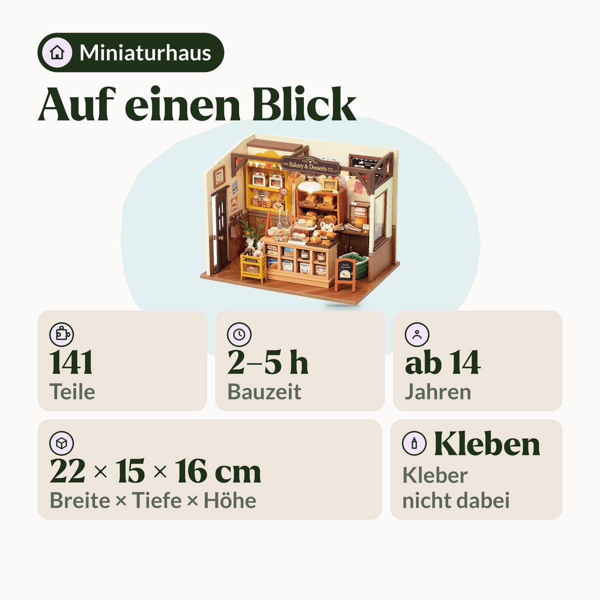 Becka’s Baking House (Bakery) Miniature House, Infographic with 141 pieces, 2 to 5 hours of assembly time, ages 14 and up, and dimensions