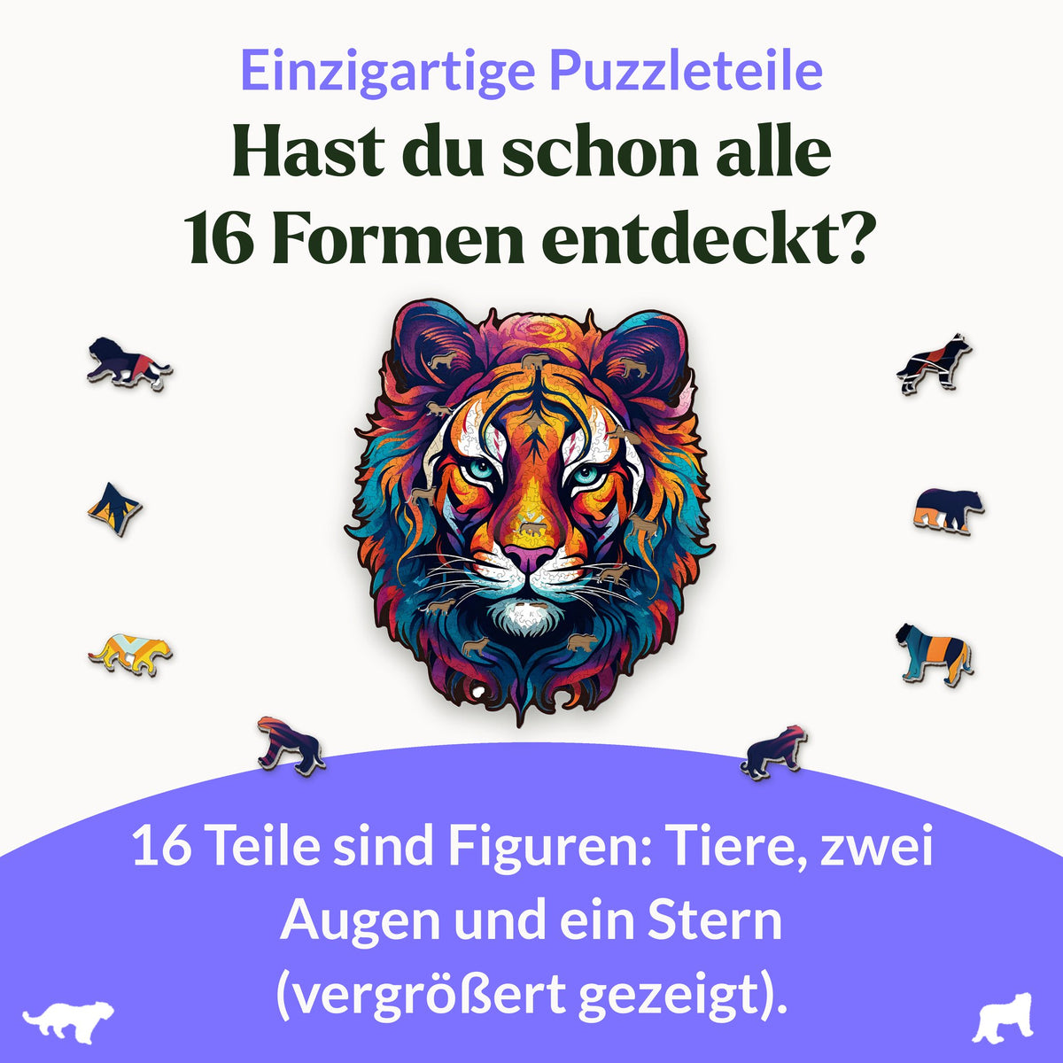 De majestueuze Tiger-houten puzzel, met 16 figuurtjes zoals dieren, twee ogen en een ster