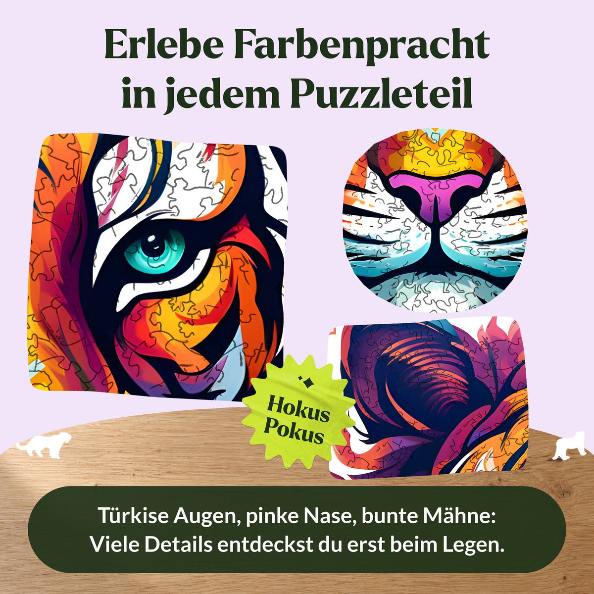 De majestueuze Tiger-houten puzzel, met details als een turkoois oog, een roze neus en een kleurrijke manen