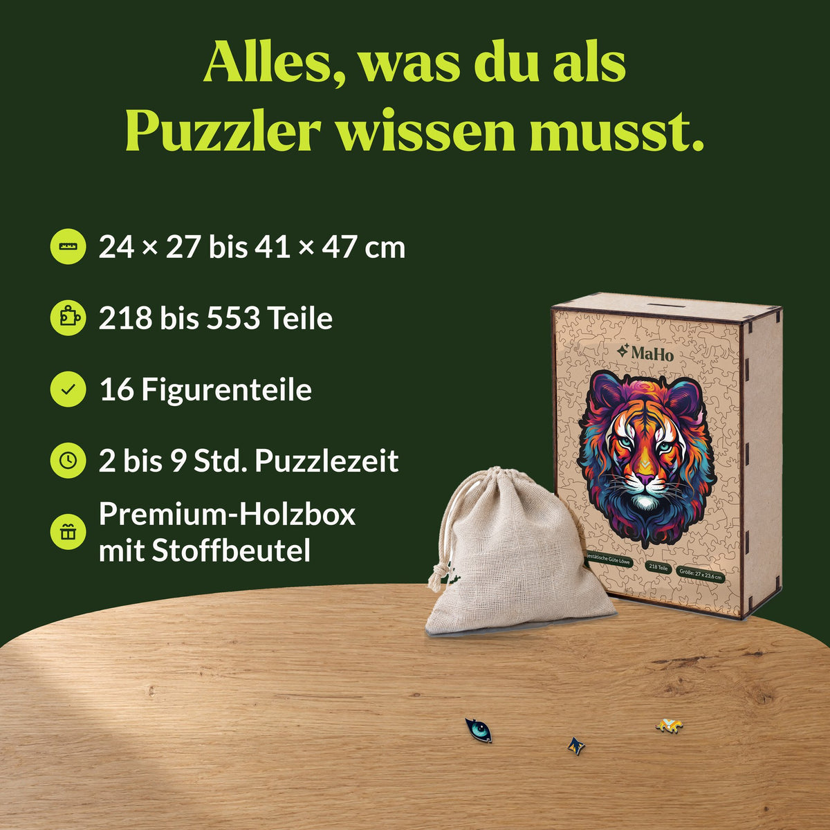 De majestueuze Tiger-houten puzzel, 24 x 27 tot 41 x 47 cm, 218 tot 553 stukjes, luxe houten doos met stoffen zakje