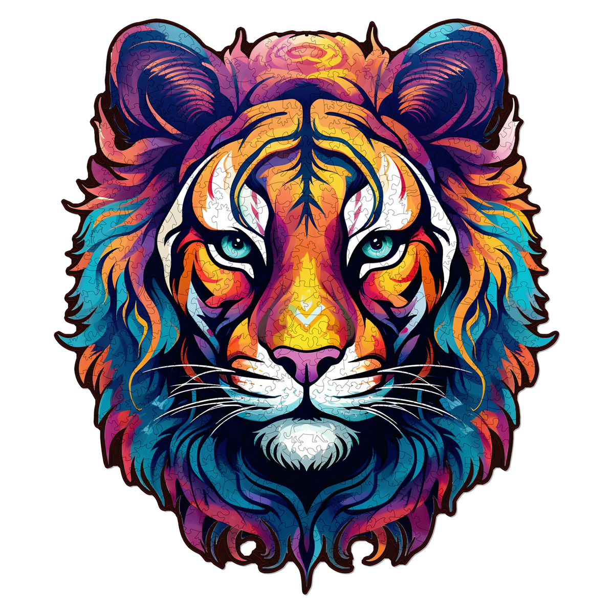 De majestueuze Tiger-houten puzzel, een voltooide puzzel in de vorm van een tijgerkop, vrijstaand op een transparante achtergrond