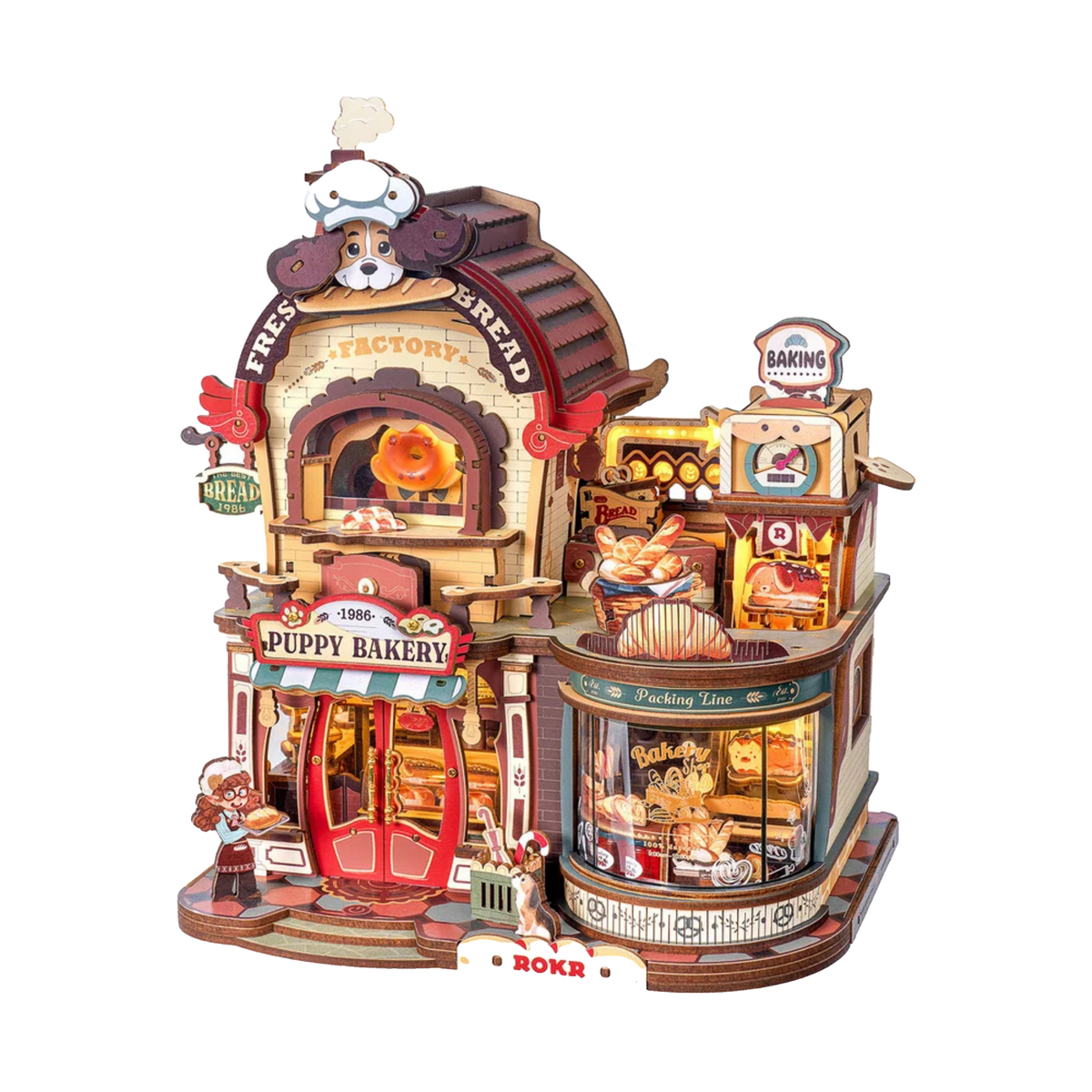 Dream Bread Factory 3D -Maquette en bois en libre accès, une boulangerie avec un chien en boulanger sur le toit et une vitrine ronde