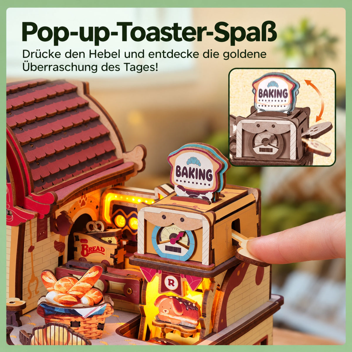 Dream Bread Factory 3D - «Maquette en bois » avec grille-pain à ressort : il suffit d'appuyer avec le doigt sur le levier pour que le pain sorte tout seul