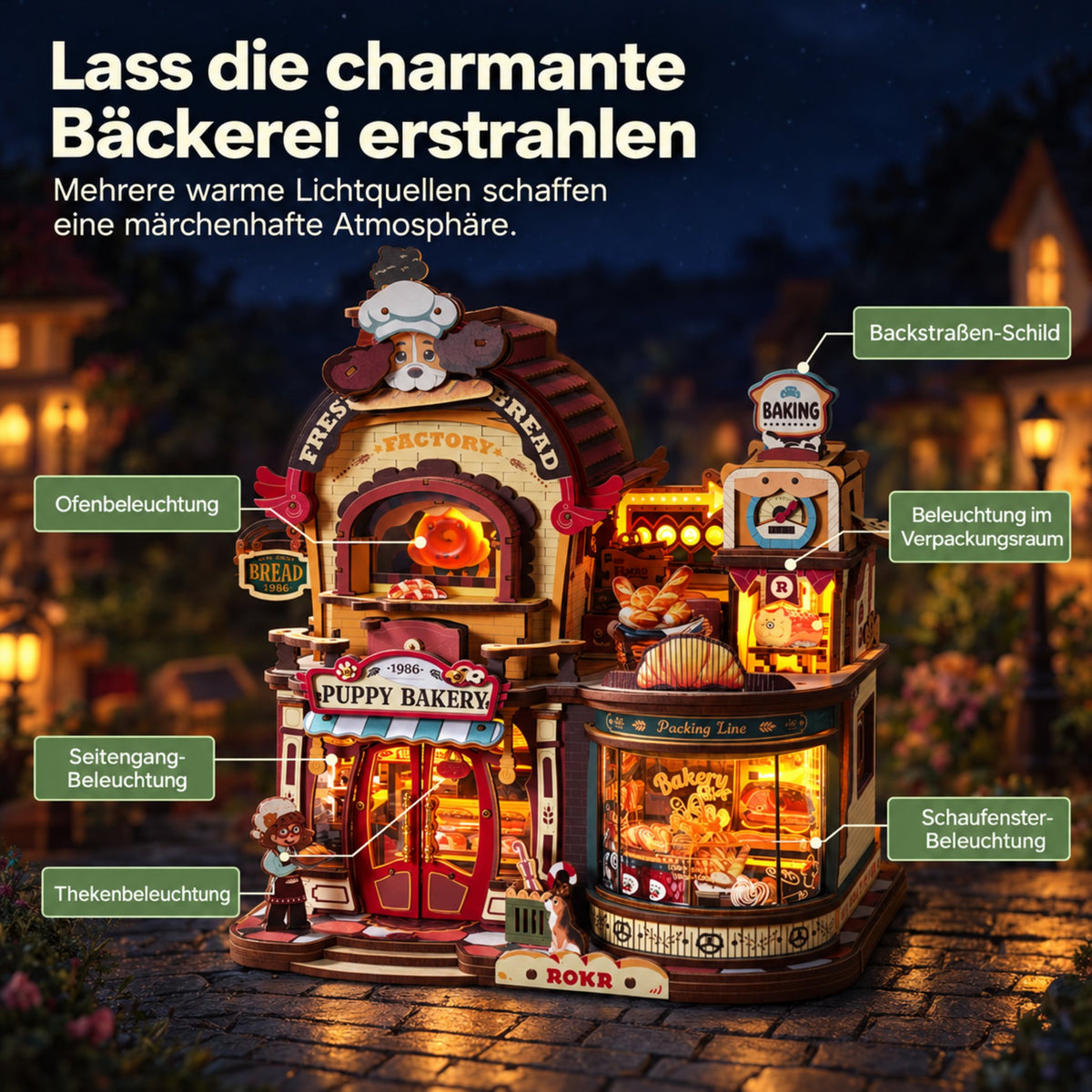 La Dream Bread Factory illuminée la nuit, avec des sources lumineuses mises en valeur dans le four, la vitrine, le comptoir et l'enseigne « Backstraßen »