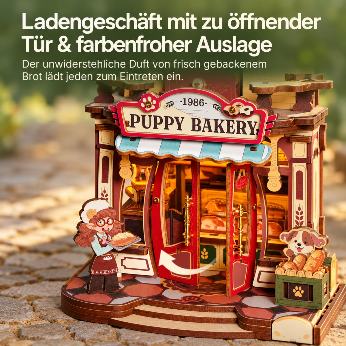 Dream Bread Factory 3D -Maquette en bois, la boutique de la Puppy Bakery avec sa porte rouge ouverte et son étalage de pains colorés