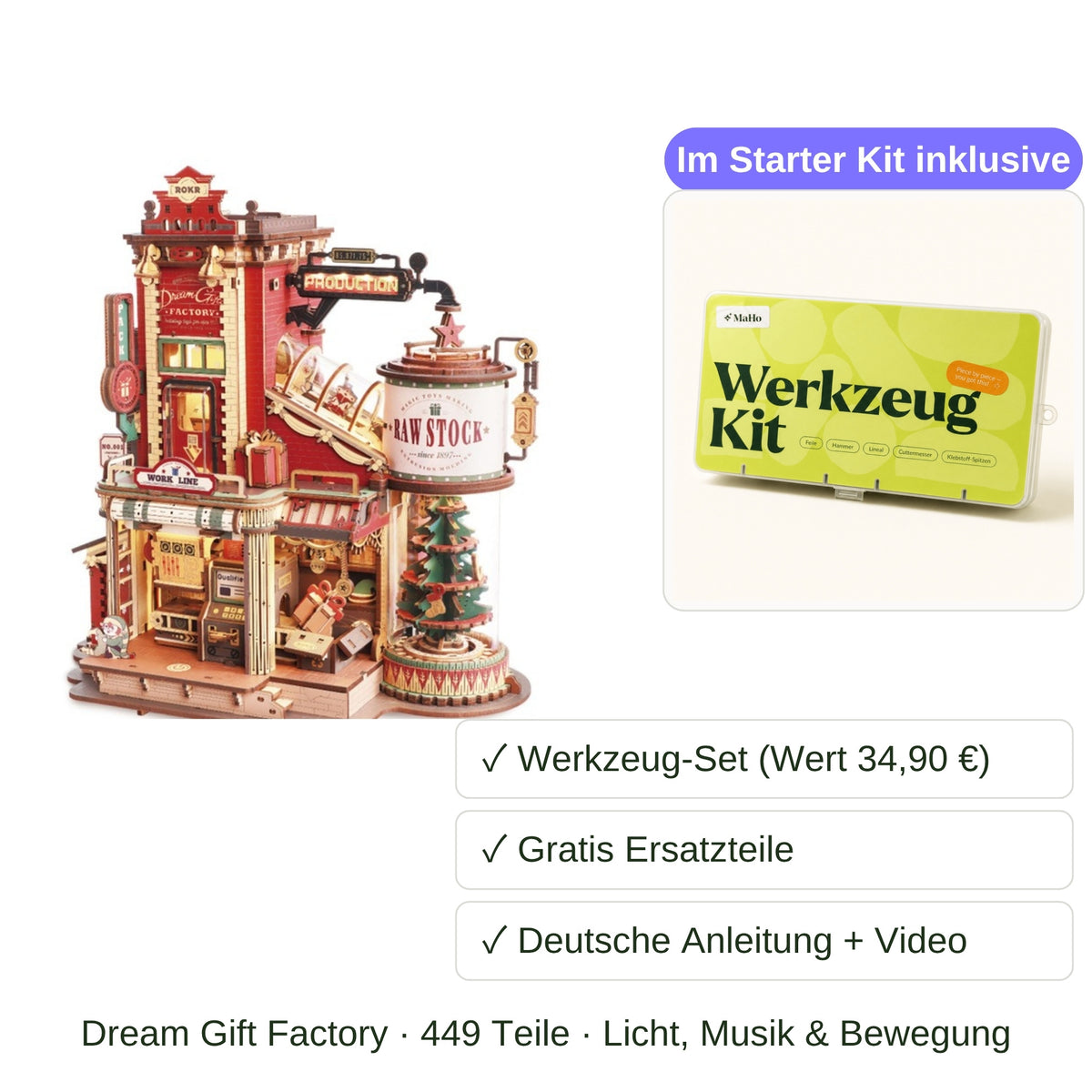 Dream Gift Factory Starter Kit – 3D-Holzbausatz mit Licht & Musik, inkl. Werkzeug-Set Mechanischer Bausatz Robotime