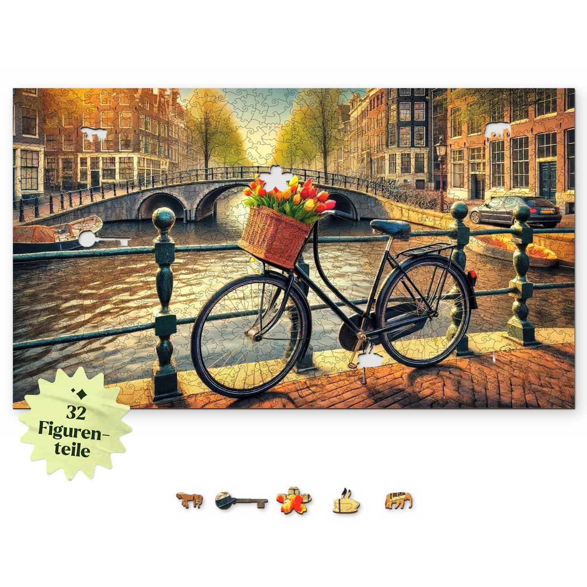 Puzzle en bois « Vélo à Amsterdam », motif vu d'en haut sur fond blanc, avec en dessous des éléments de personnages comme un cheval, une clé et une tasse à thé