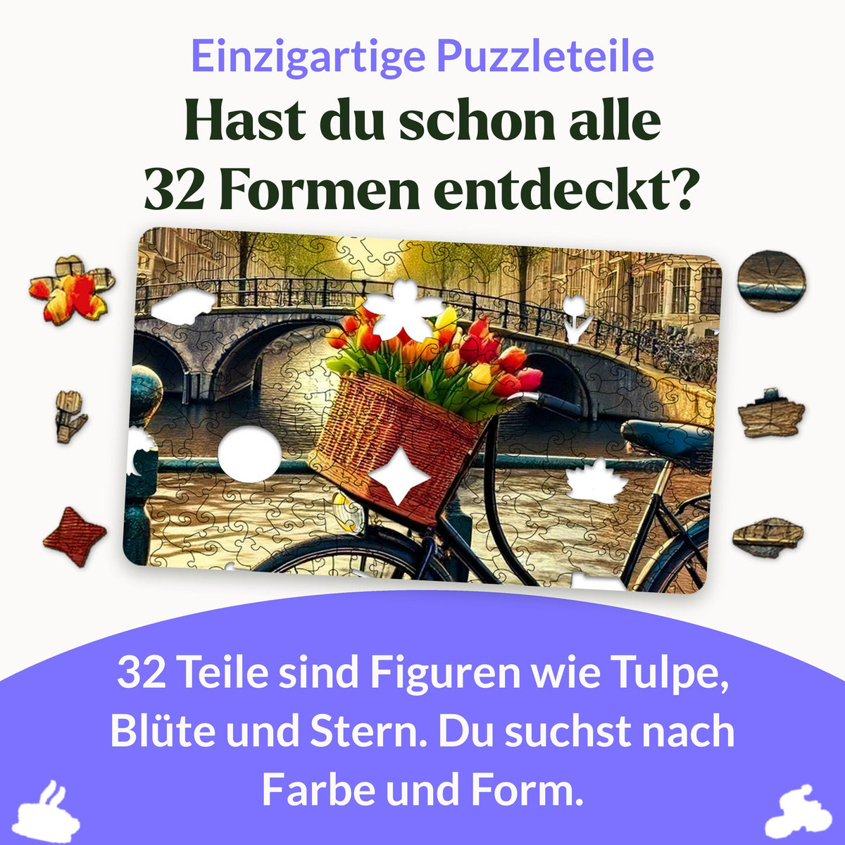 Puzzle en bois « Vélo à Amsterdam », 32 pièces représentant notamment une tulipe, une fleur, une étoile, un dragon et une tasse à café