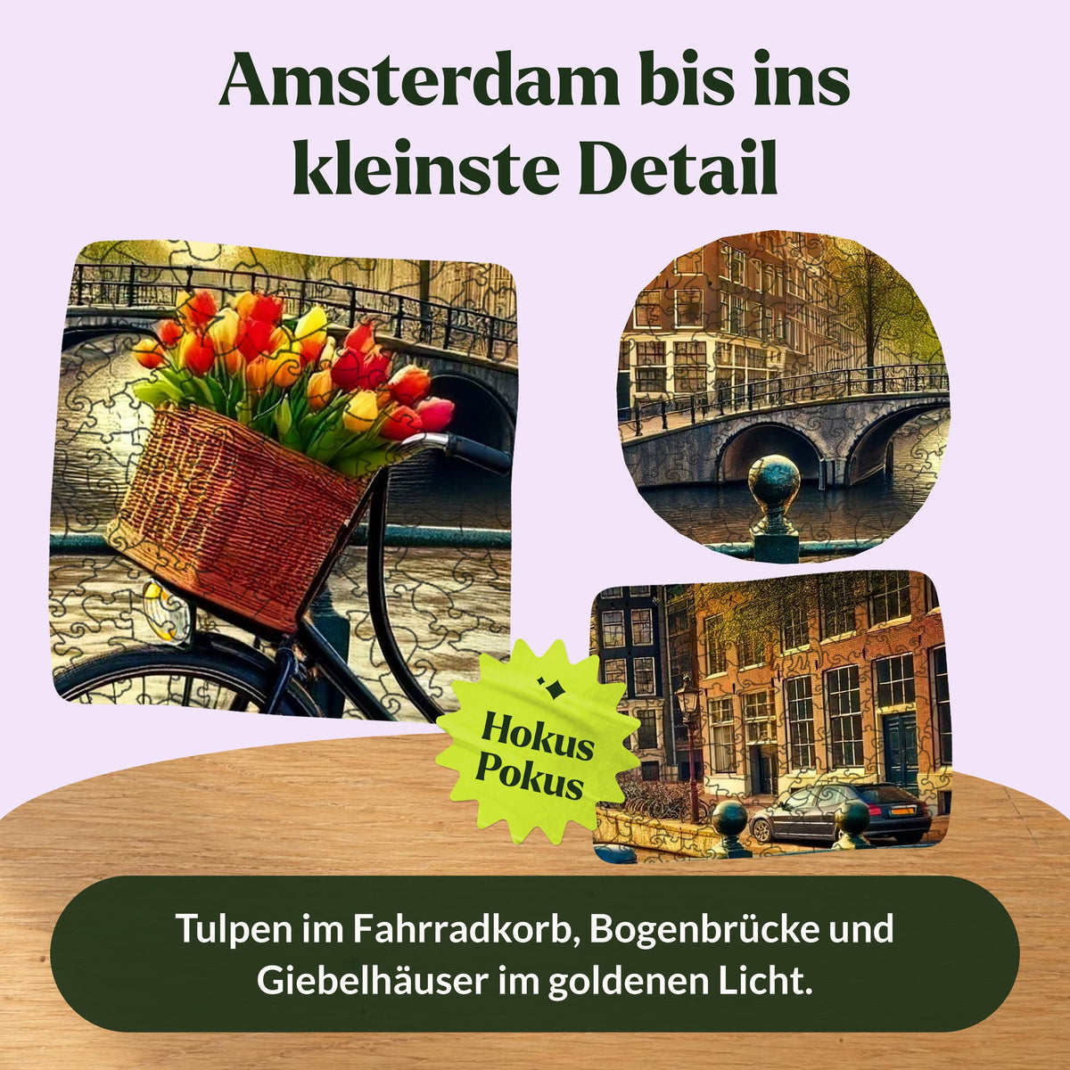 Puzzle en bois « Vélo à Amsterdam », détails du motif : des tulipes dans le panier du vélo, un pont en arc et des maisons à pignons