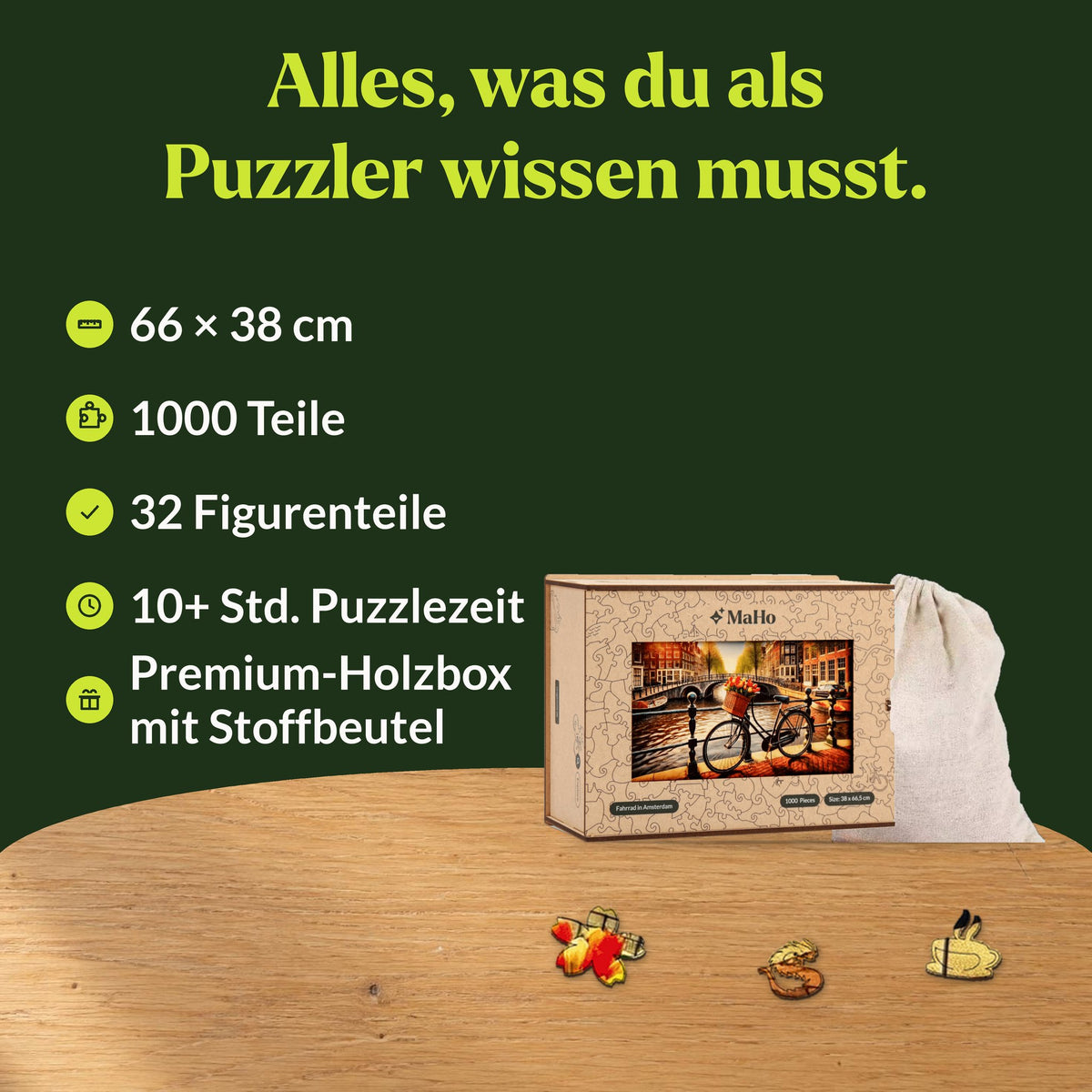 Puzzle en bois « Vélo à Amsterdam », 66 x 38 cm, 1 000 pièces, 32 pièces de personnages, 10 heures et plus, coffret en bois haut de gamme avec pochette en tissu