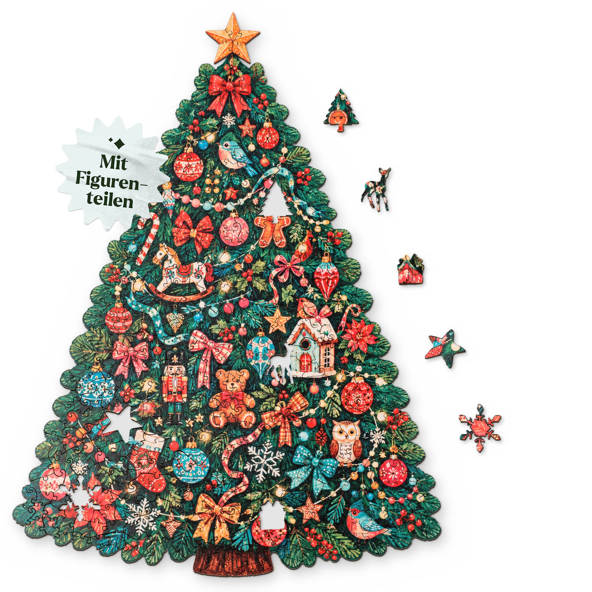 Festive Christmas Tree Wooden Puzzle, tree shape viewed from above on a white background, with figure pieces such as a deer, a gift, and a star next to it