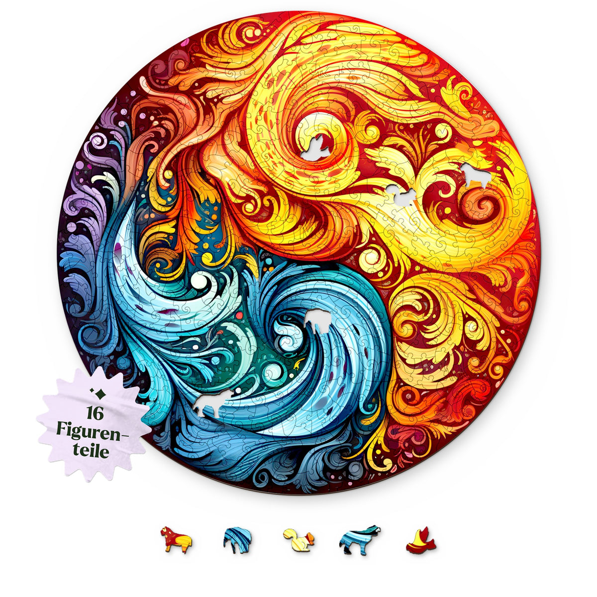 Fire and Water Mandala Wooden Puzzle, round design on top in white, with figure pieces such as a lion, elephant, and wolf underneath
