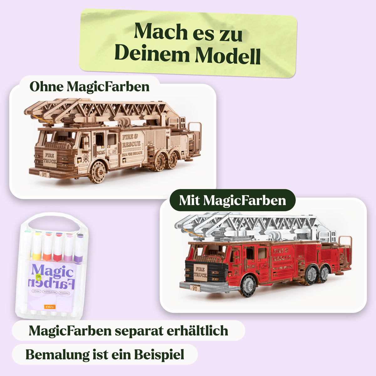 Mechanischer LKW Feuerwehrauto Holzbausatz, links naturbelassen, rechts mit MagicFarben rot bemalt (separat erhältlich)
