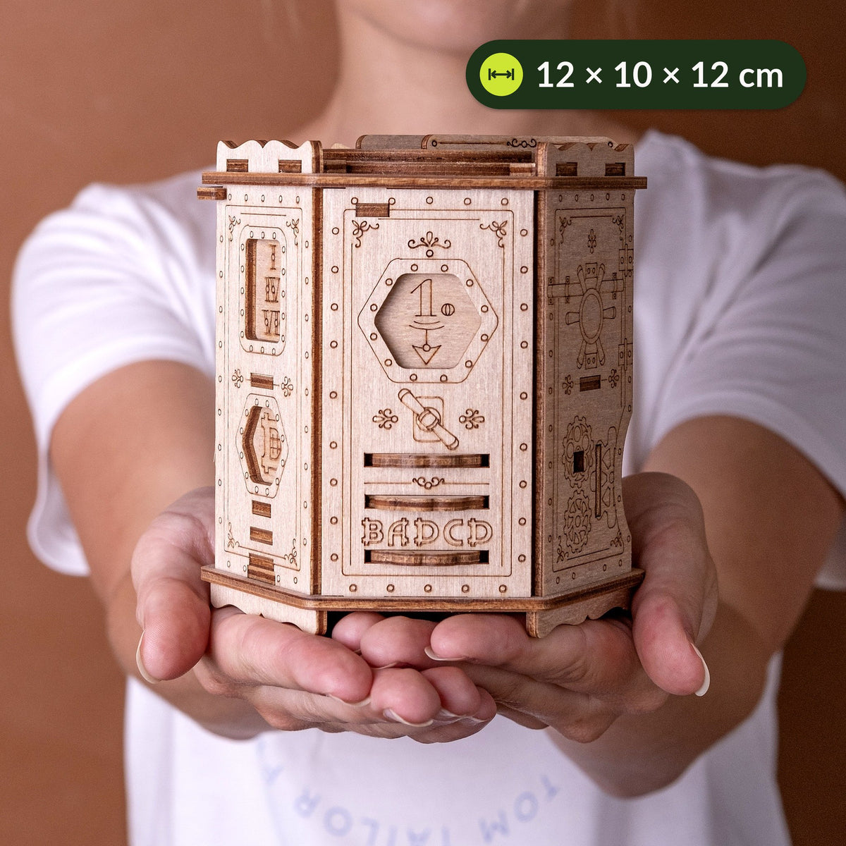 Boîte à énigmes Fort Knox Pro posée sur deux mains ouvertes, d'environ 12 cm de large et 12 cm de haut